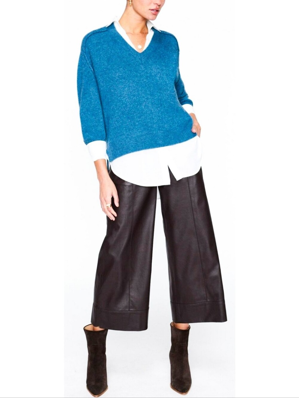 Brochu Walker Cashmere Wool Layered Sweater Blue White Pullover Collared Classic